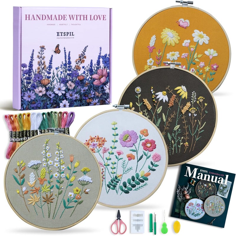 ETSPIL Embroidery Kit for Adults & Teens, 4-Pack Floral Samplers, 2 Adjustable Hoops, Pre-Printed Fabric, 17 Vibrant Threads, 16 Needles, Beginner-Friendly Stitch Guide & Video, DIY Craft Gift - Image 1